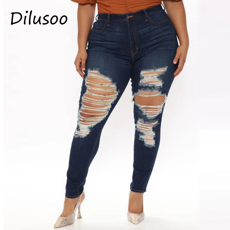 

Dilusoo Hight Waist Plus Size Jeans Pants Women Ripped Skinny Elastic Hole Pencil Pants Female Casual Jeans Spring Trousers 2021