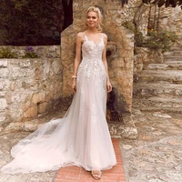 yixuan charming boho soft tulle v neckline sleeveless see through long a line appliqued backless weeding dress 2021 new