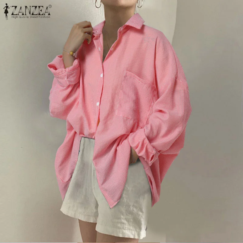 

Рубашка ZANZEA Женская в полоску, офисный топ в ретро стиле, Повседневная Туника с длинным рукавом, Свободная блуза с карманами, осень 2022