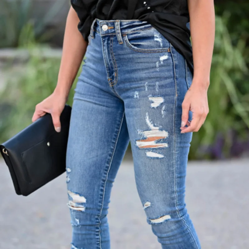 

Women Stretch Ripped Distressed Skinny High Waist Denim Pants Shredded Jeans Trousers Slim Jeggings Laides Spring Autumn Wear