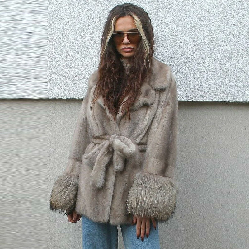 Женская Шуба из натурального меха норки пальто средней длины с отложным