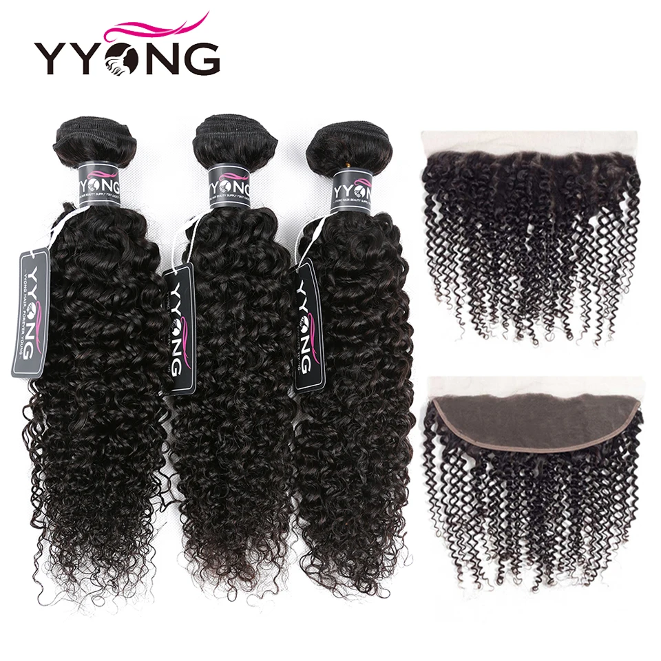 

Yyong 3 Remy Hair Bundles With Frontal Peruvian Kinky Curly Weave Human Hair Pre Plucked Lace Frontal Closure With Bundles 13x4