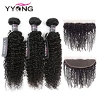 Пряди волос Yyong 3 Реми с передней частью, перуанские, кудрявые, вьющиеся, предварительно собранные человеческие волосы кружевная Фронтальная застежка с пряди, 13x4