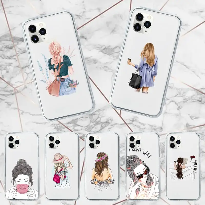 

Fashion girl cartoon painting Phone Case Transparent for iPhone 7 8 11 12 13 mini pro X XS XR MAX Plus