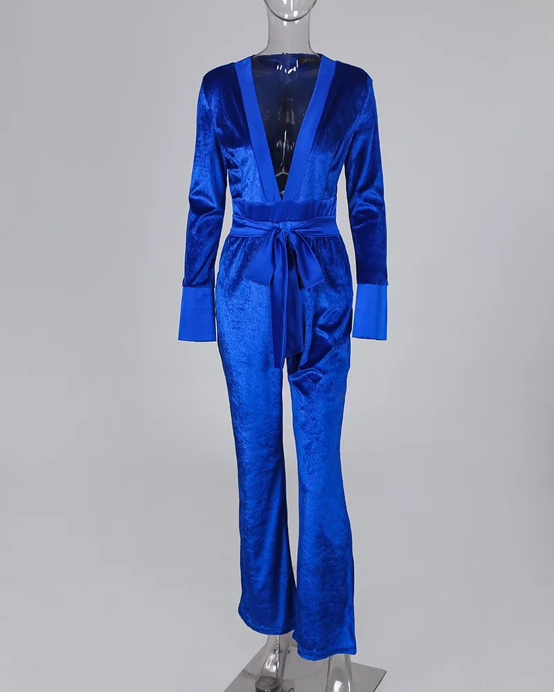 Женский бархатный комбинезон с длинным рукавом и глубоким V-образным вырезом |