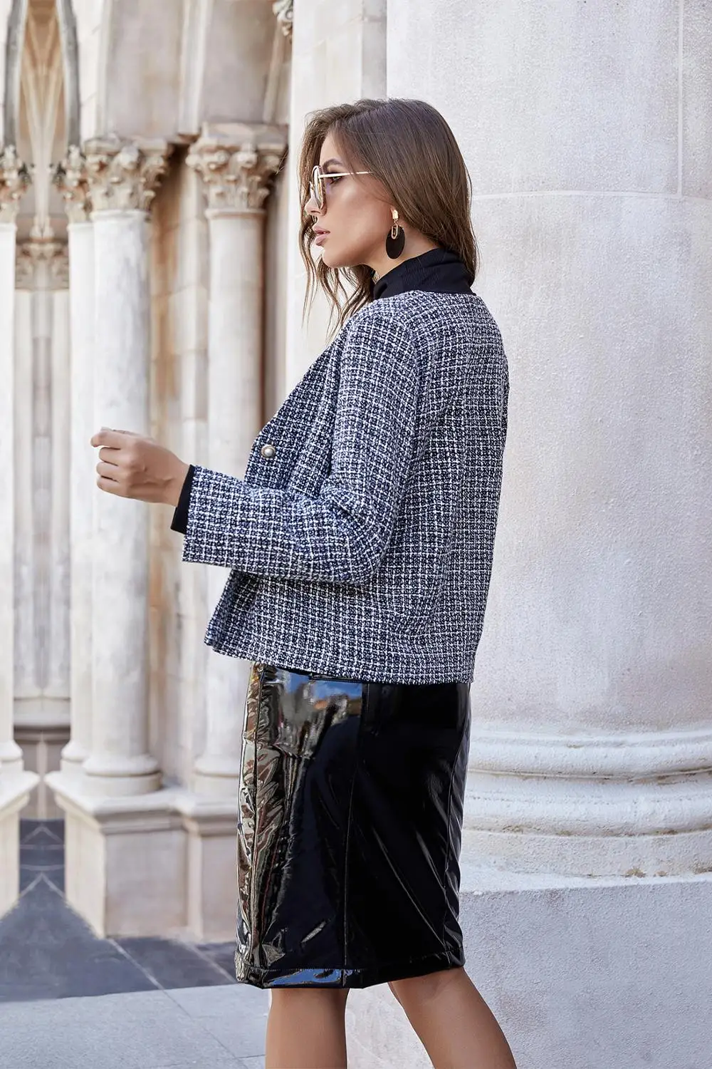 

Autumn Women Knitting Plaid Jacket Vintage Women Clothes Coat Long Sleeve Pearl Button Top Coat Casual Streetwear Short Outwear