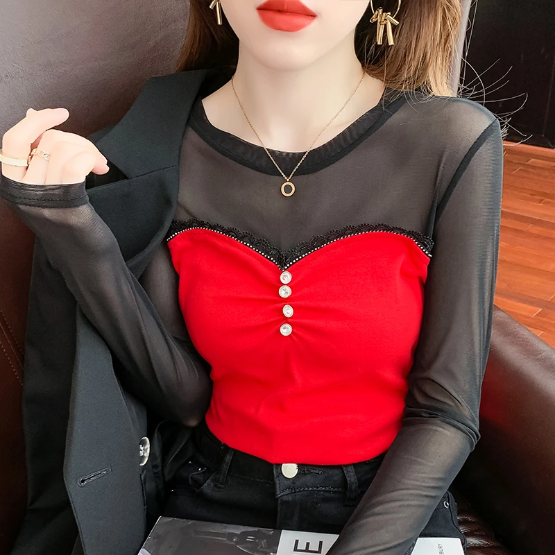 

Женские облегающие футболки с круглым вырезом и длинным рукавом, футболки в стиле пэчворк, элегантные эластичные топы с кольцами для девоче...