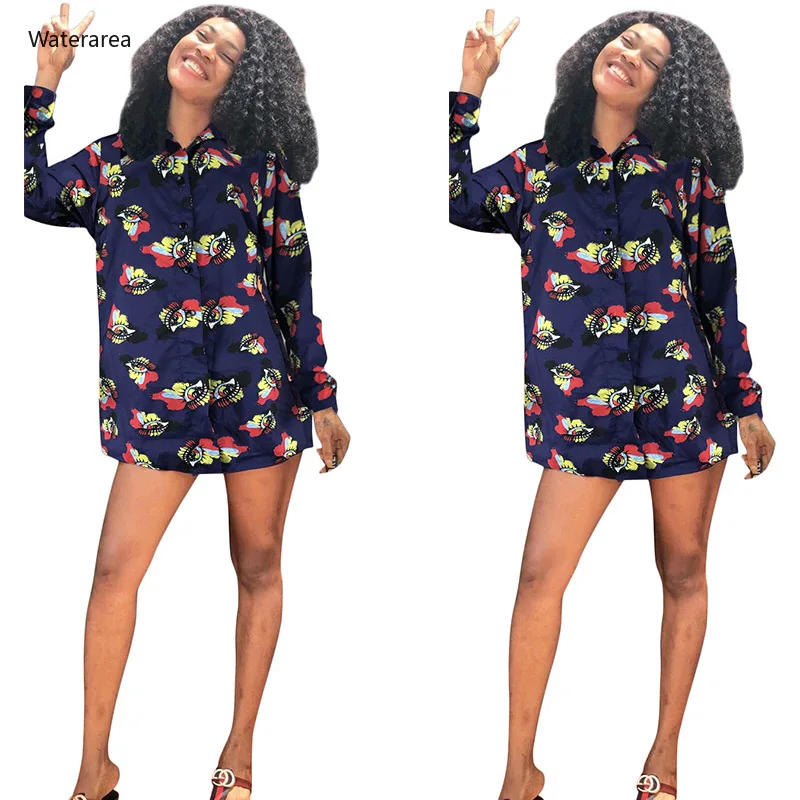 Осеннее женское платье рубашка с отложным воротником и длинным рукавом принтом