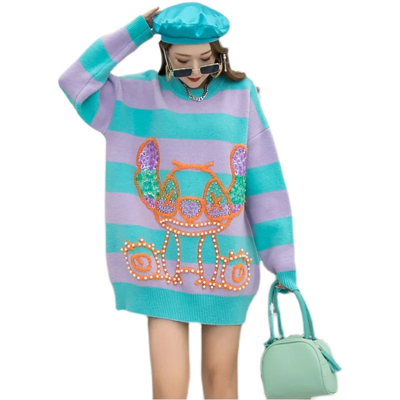 

European station heavy industry striped cartoon beaded sweater women's long-sleeved pullover loose round neck sweater autumn