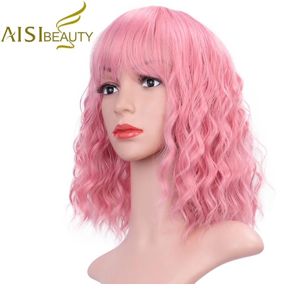 AISI BEAUTY, короткий парик с челкой, волна воды, синтетические парики для женщин, розовый, милый, Лолита, косплей, женский, на каждый день, накладные волосы