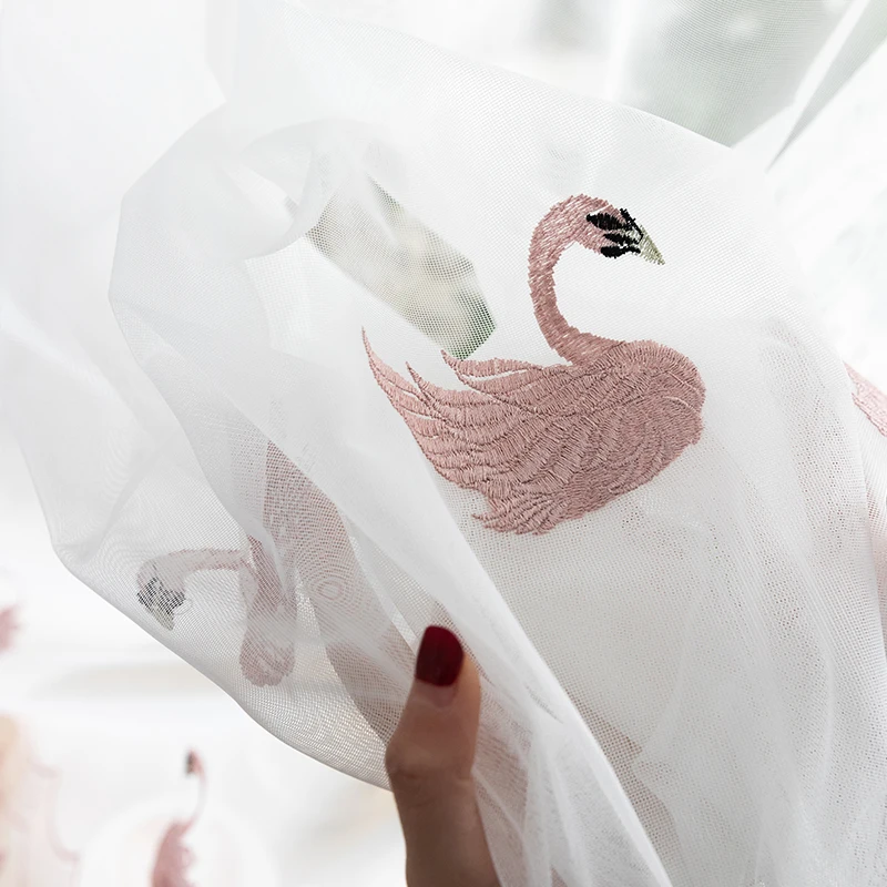 Занавески из вуали с вышивкой в виде лебедя для гостиной белые розовые