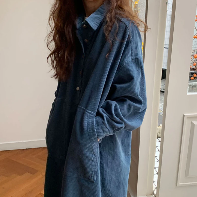 womens autumn corduroy casual shirt dress long sleeve loose oversized elegant midi vestidos femme fashion outerwear warm robe free global shipping