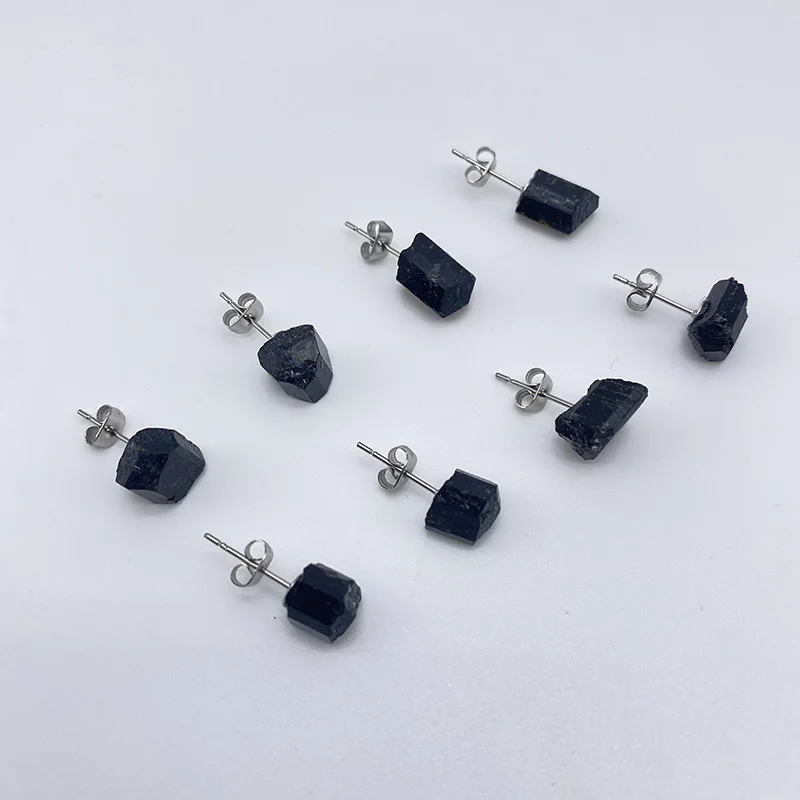 

Craft Genuine Black Tourmaline Stud Earrings Stainless Steel Positive Energy Natural Raw Crystal Women Earring