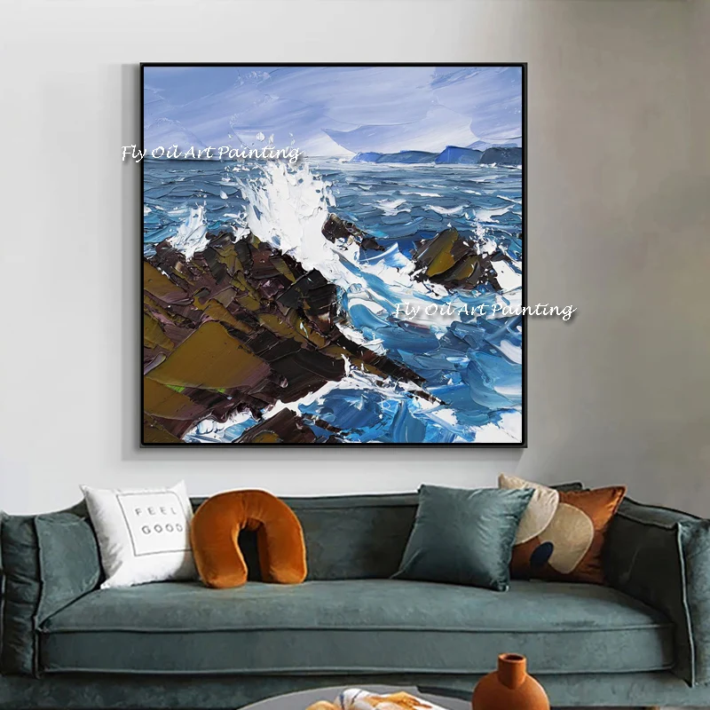 

100% Handmade Sea Waves View Oil Painting Posters Wall Pictures for Living Room Decor Color Sunrise Sunset Drawing No Framed