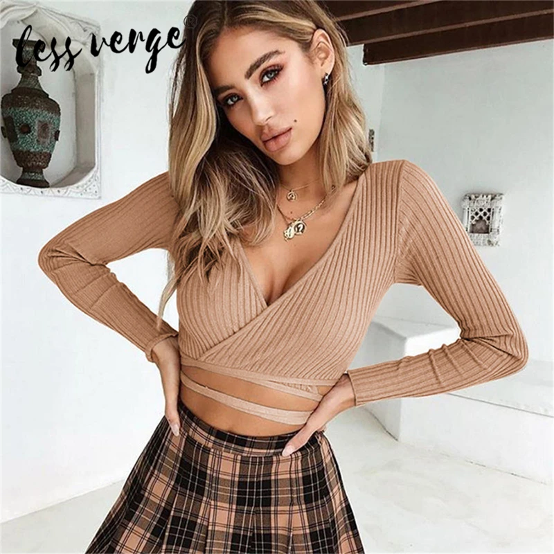 Женская футболка с глубоким V образным вырезом длинным рукавом и