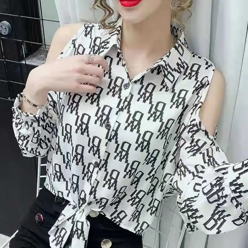 

European Station Letter Print Lapel Shirt Women 2021 Spring And Summer New Care Machine Off Shoulder Long Sleeve Sunscreen
