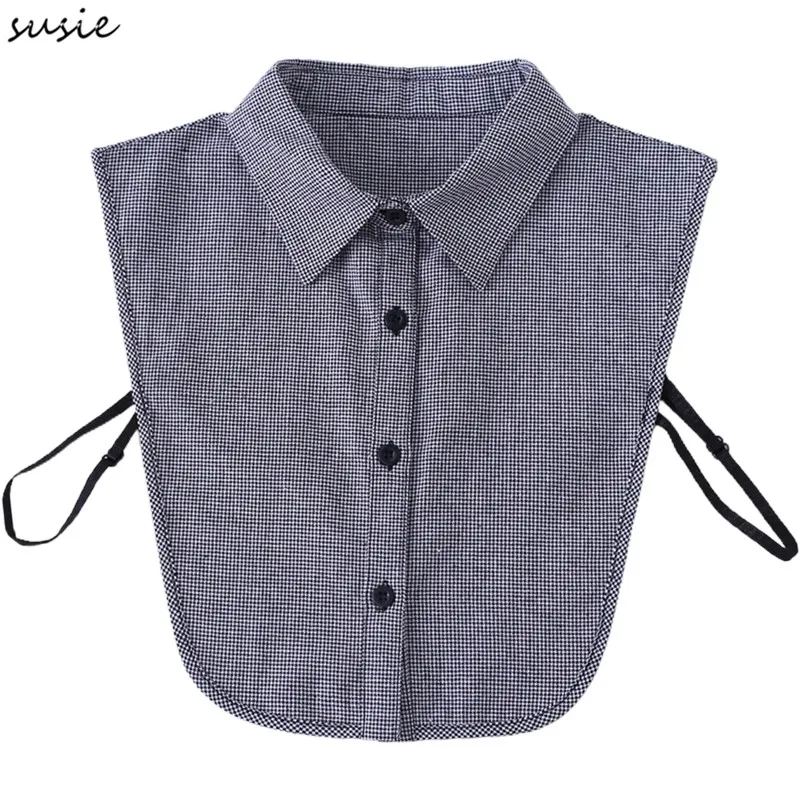 

Women Ruffled Lapel Fake Collar Vintage Houndstooth Print Detachable Half Shirt X7YA