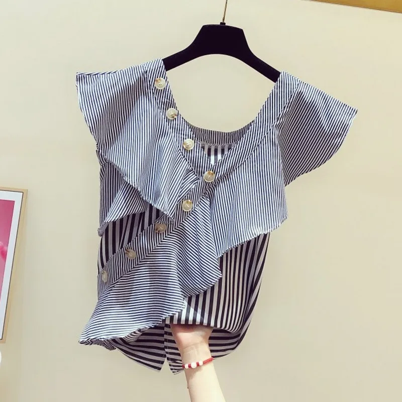 

Women's Shirt Summer Blouse New Fashion Irregular Flounced Sleeveless Shirt V-neck Pullover Blouses Girls Students Tops Blusas