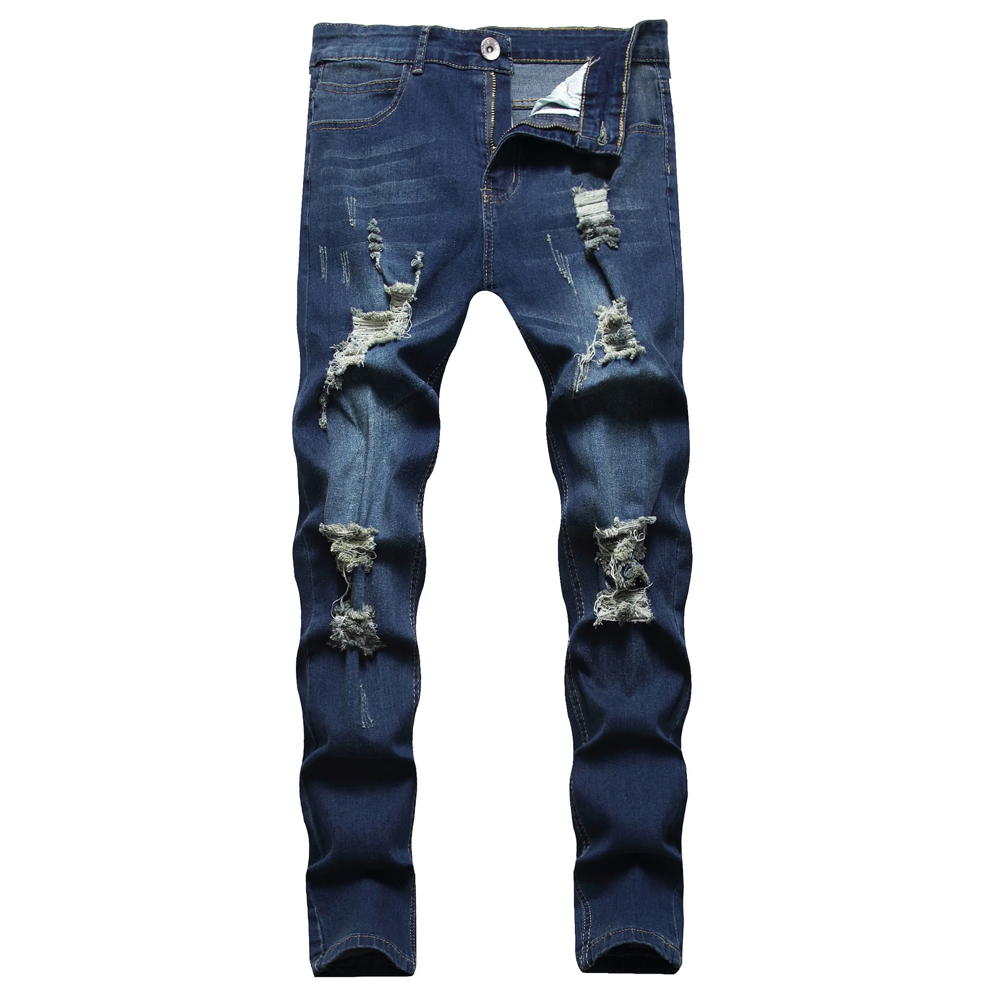 

Men Straight Jeans High Stretch Holes Scratches Ripped Folds Skinny Washed Destroyed Hole Slim Denim Hip Hop Punk Blue New