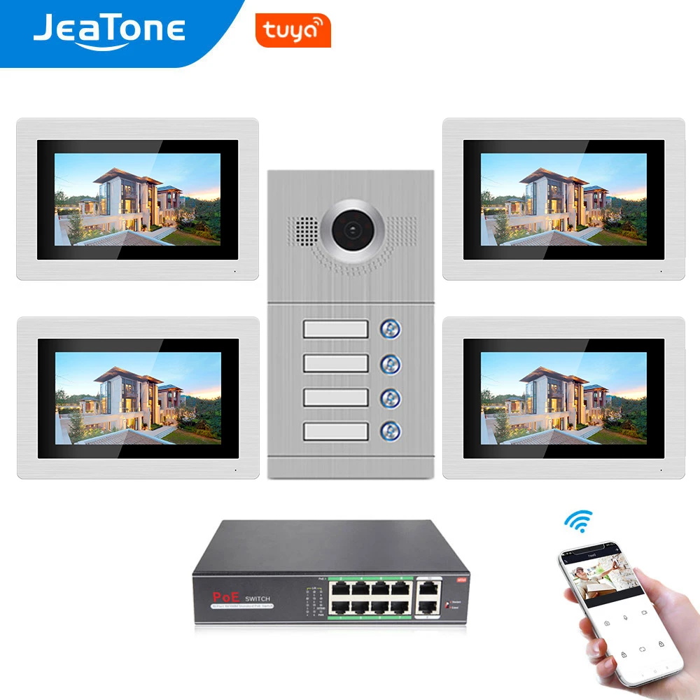 Jeatone 7 ''сенсорный экран WiFi IP видео домофон система для 4 х этажных квартиры с POE