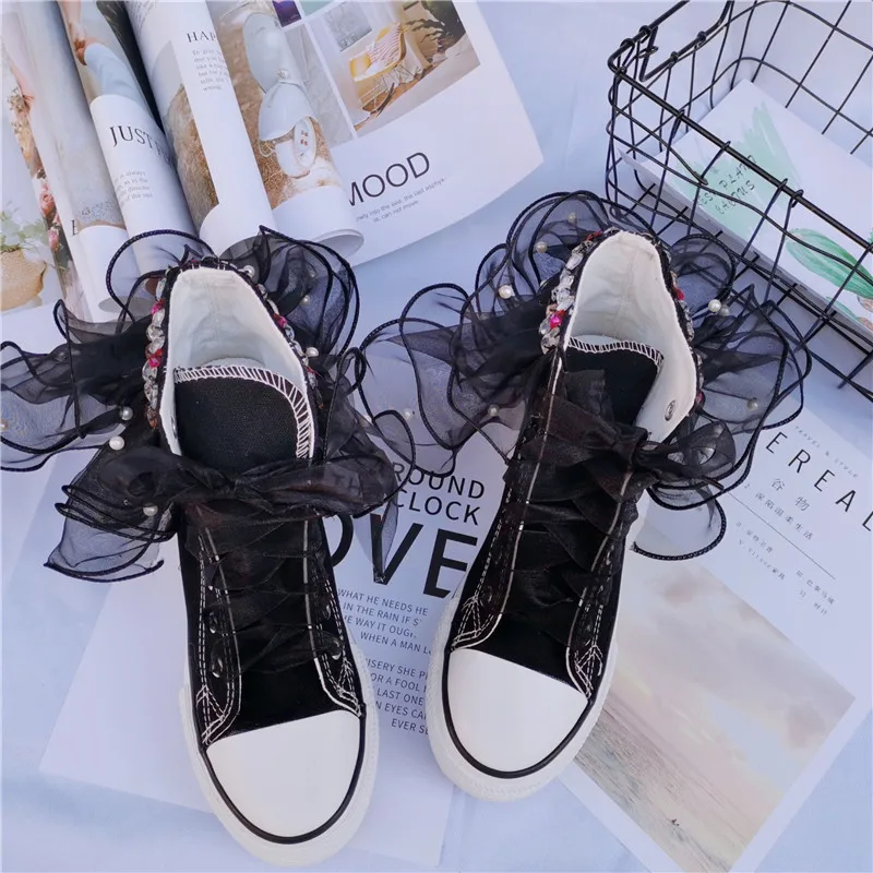 

Spring, summer and autumn princess rhinestone pearl sponge cake lace edge high-top shoes increased women's shoes canvas