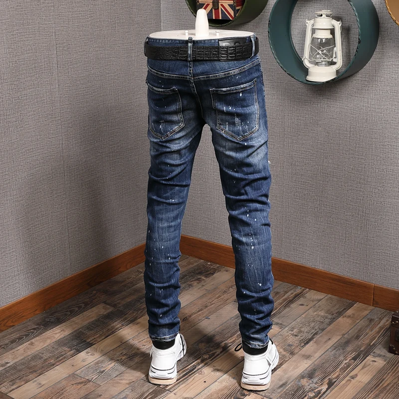 European Vintage Fashion Men Jeans Retro Dark Blue Slim Destroyed Ripped Jeans Men Painted Patchwork Designer Denim Punk Pants