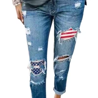 women ripped slimming printed jeans straight leg ladies hole vintage pants causal mom skinny full length high waist trousers
