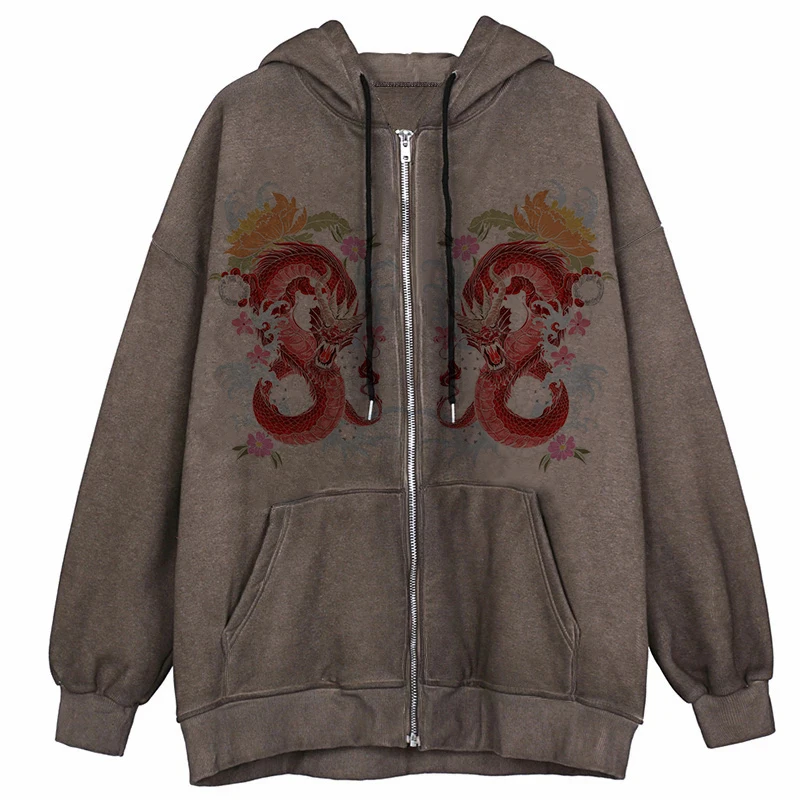 

Женские толстовки большого размера, куртки, винтажная толстовка на молнии с принтом дракона, пальто в стиле Харадзюку Y2k, одежда в стиле панк...