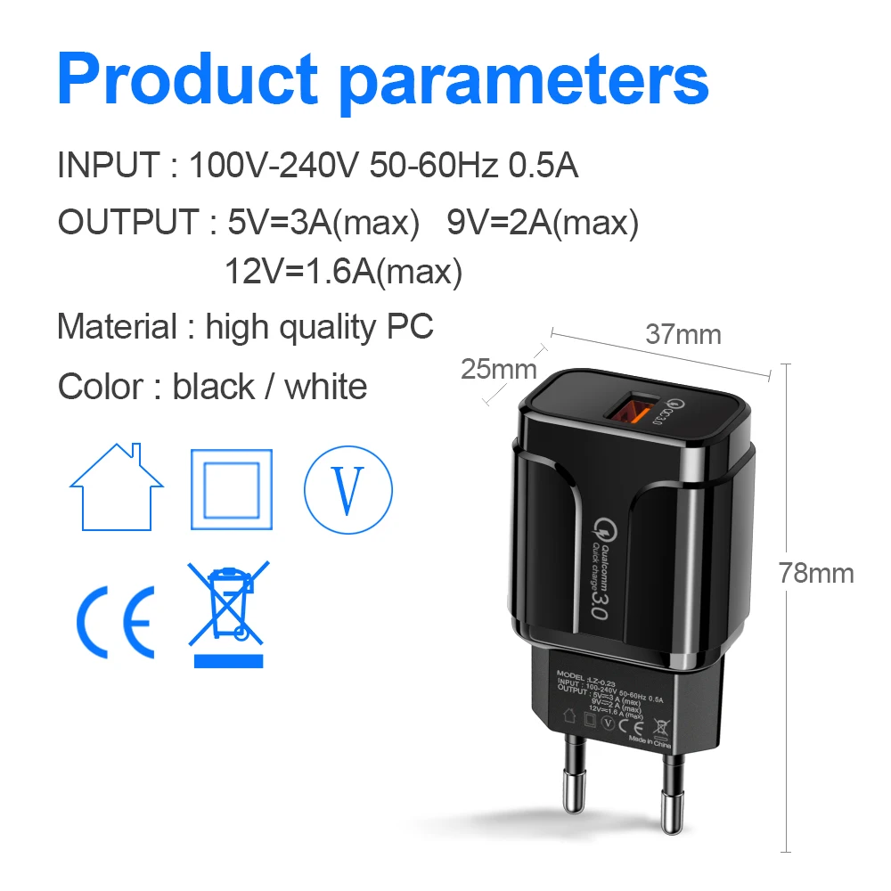 

3.0 USB Charger QC 3.0 Fast Charging EU US Plug Adapter Wall Mobile Phone Charger For iPhone Samsung Huawei 5G 18w Quick Charge