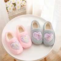 winter warm home slippers women cute heart shaped slides ladies thicken plush fashion bow knot shoes indoor soft bottom slippers