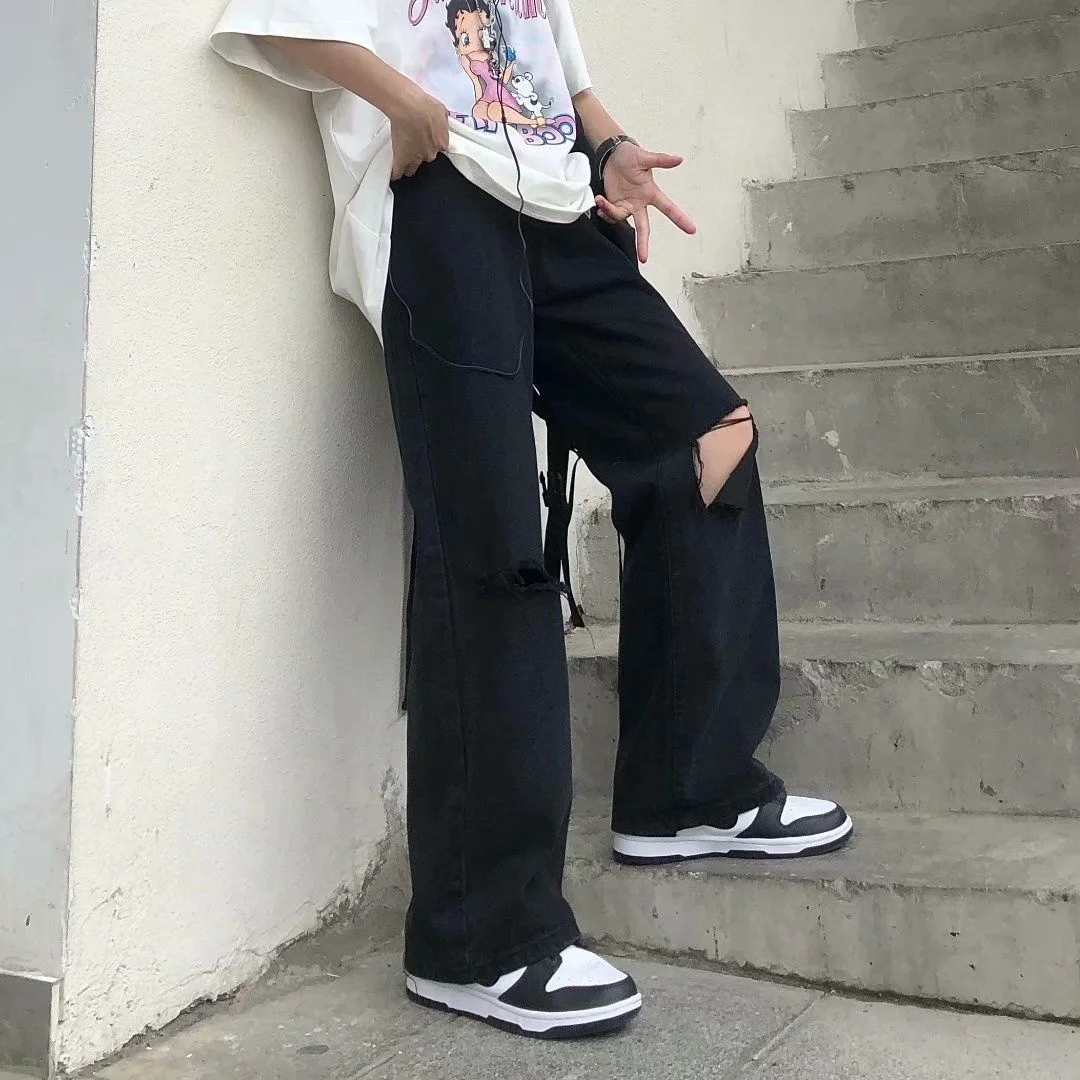 

Black Ripped Beggar Jeans Trendy Brand Loose Straight Trousers Sports Overalls Hiphop Streetwear Wide-leg Denim Pants Thin S-5XL