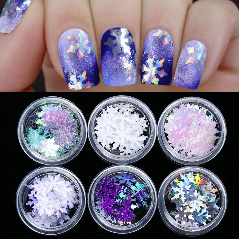 

1/6 Box Holographic Xmas Snowflakes Nail Sequins Flakes 3D Nail Art Glitter Laser AB Silver Paillette Manicure Decorations