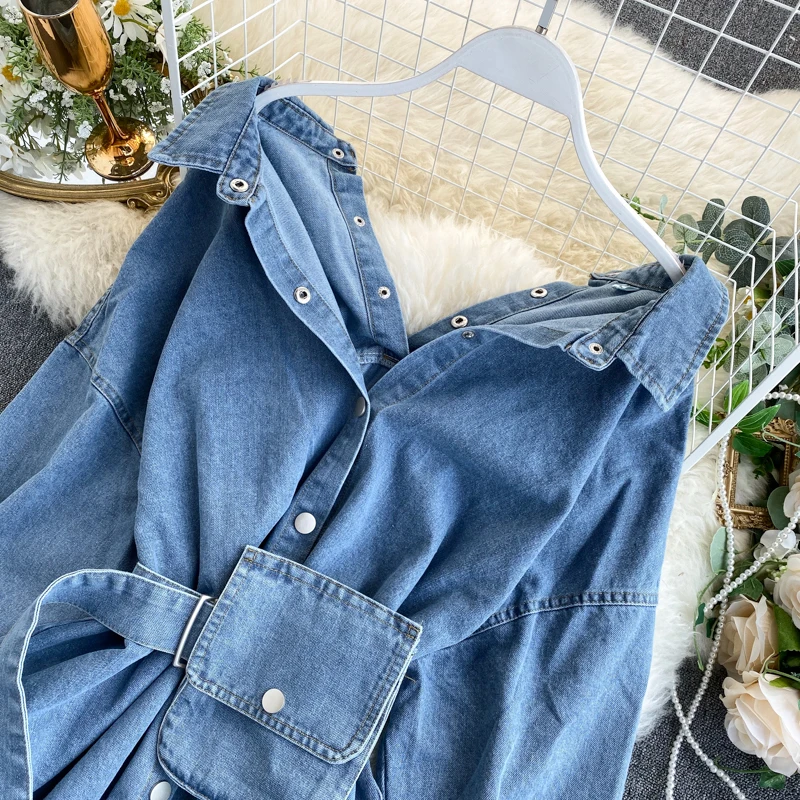 Spring Fashion Lapel Denim Shirt Womens Design Backless Straps Waist Was Thin and Fashionable Two Wear Jacket Tide Women Jackets | Женская