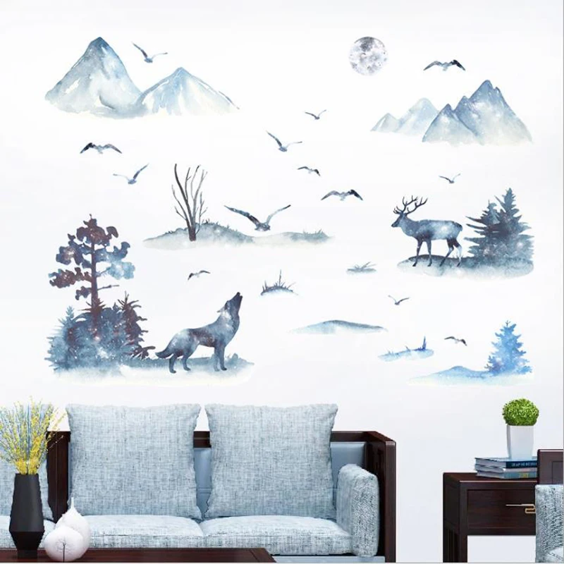 

Ink Mountain Forest Wolf Deer Bird Stickers Bedroom Living Room Removable Self-adhesive Decorative Scenery Wall Stickers