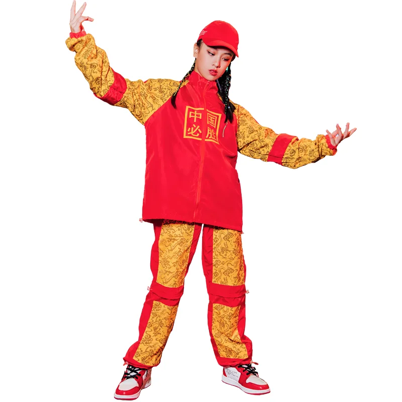 

Kids Hip Hop Street Dance Clothing Boys Girls Loose Hiphop Costume Chinese Style Print Coat Pants Stage Show Outfits VDB2746