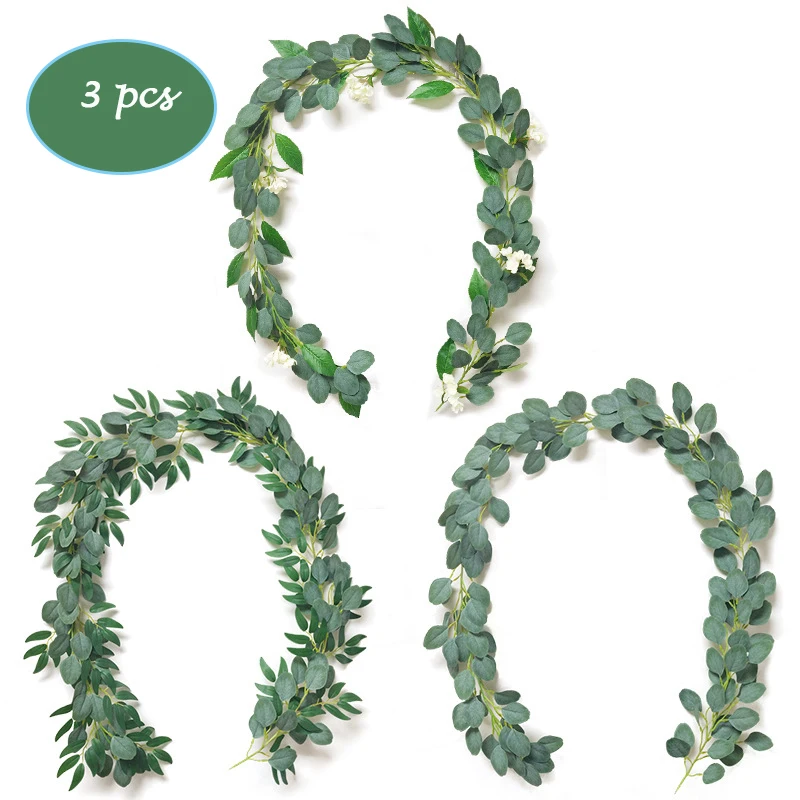 

3 Pcs Faux Artificial Green Garland Eucalyptus Willow Leaves Vine for Wedding Achy Home Party Outdoor Garden Hanging Decoration