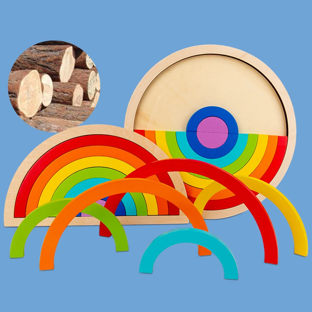 Juego de bloques de apilamiento de madera para ni&ntilde;os y ni&ntilde;as, 7 piezas, rompecabezas de arco&iacute;ris, Juguetes-2