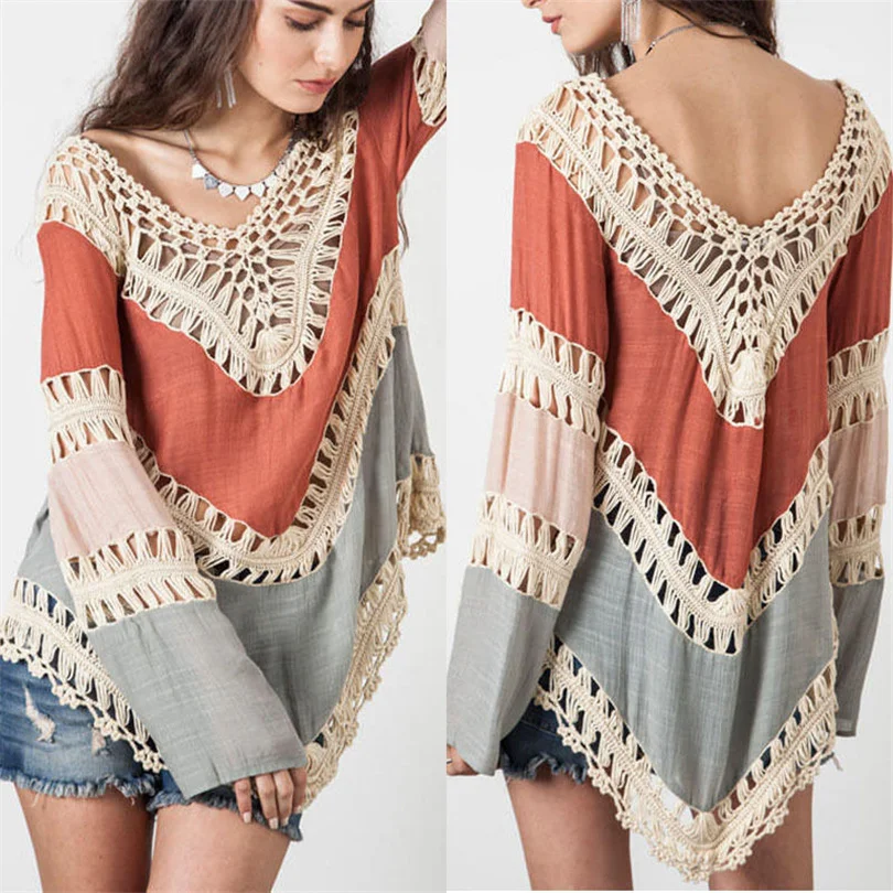 

2021 new Vintage Holiday Style Loose Fitted Color Cutout Long Sleeve Splicing Hollow Blouse for Lady
