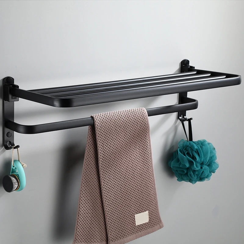 

Bathroom Towel Rack Black Towel Holder Aluminum Wall Mounted Folding Storage Bath Towel Hanger Hook Bathroom Accessories