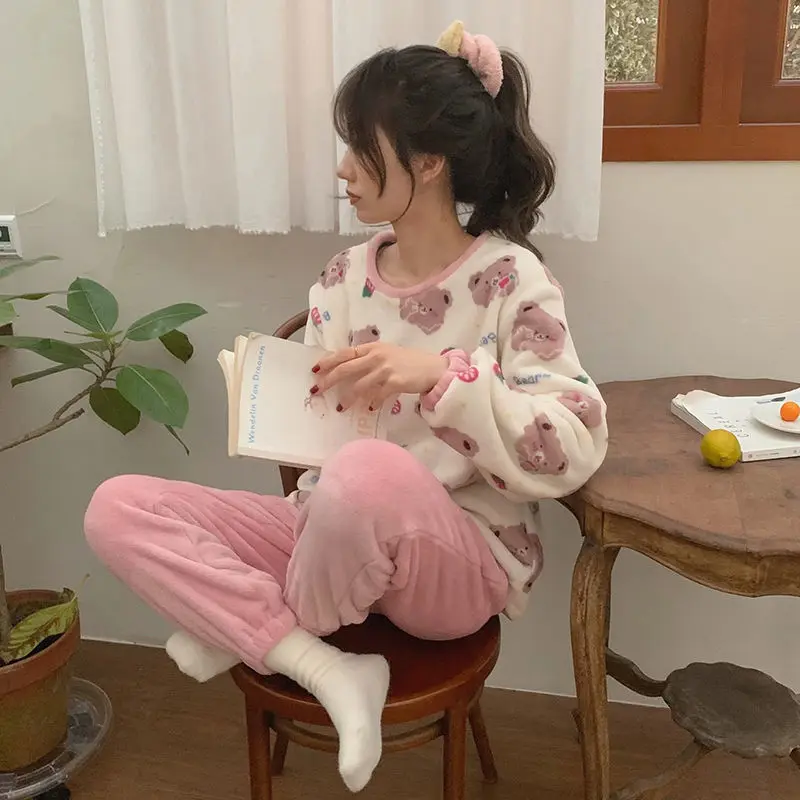 QWEEK Pajama Set Women Autumn Winter Coral Fleece Pijamas Korean Strawberry Bear Print Home Wear Girls Home Clothes Pour Female