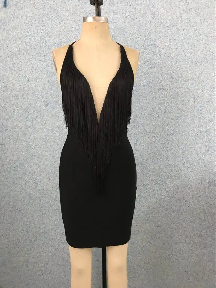 

High Quality White Black V-neck Tassel Backless Rayon Bandage Dress Evening Party Cute Dress
