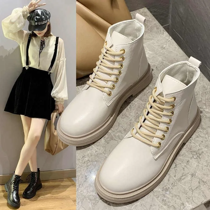 

New Style Thick-soled Comfortable Lace-up Casual Fashion Leather White Women's Boots Winter Fashion Women's Boots