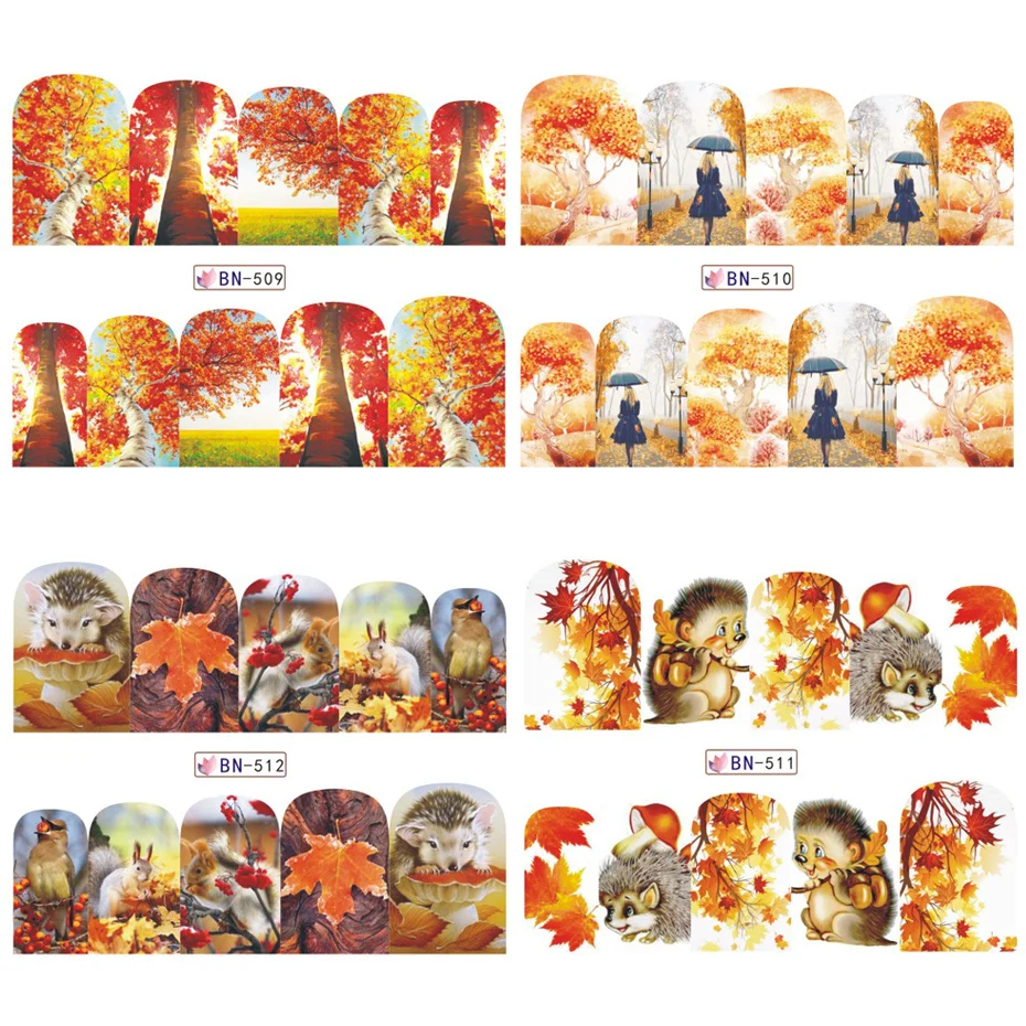 Переводные наклейки для дизайна ногтей 12 шт. с листьями осени желтыми красными