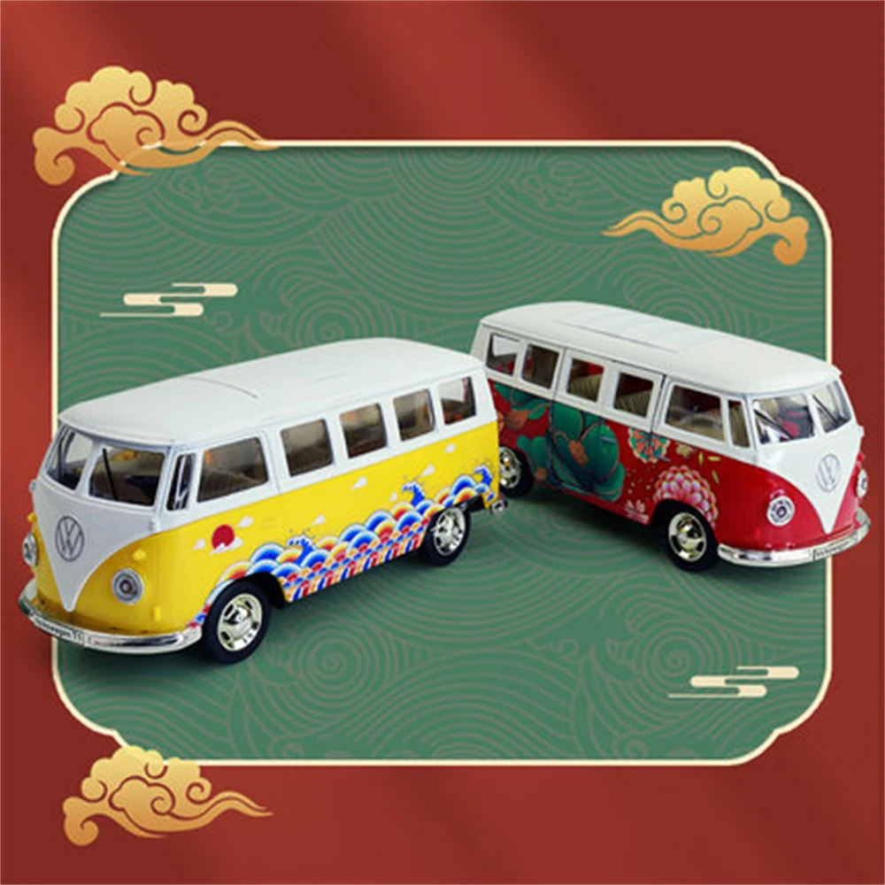 Modelo de autob&uacute;s Volkswagen T1, juguete de aleaci&oacute;n fundido a presi&oacute;n, estilo chino, con luz, 3 puertas, veh&iacute;culo Opend, juguetes para ni&ntilde;os, 1/30-1
