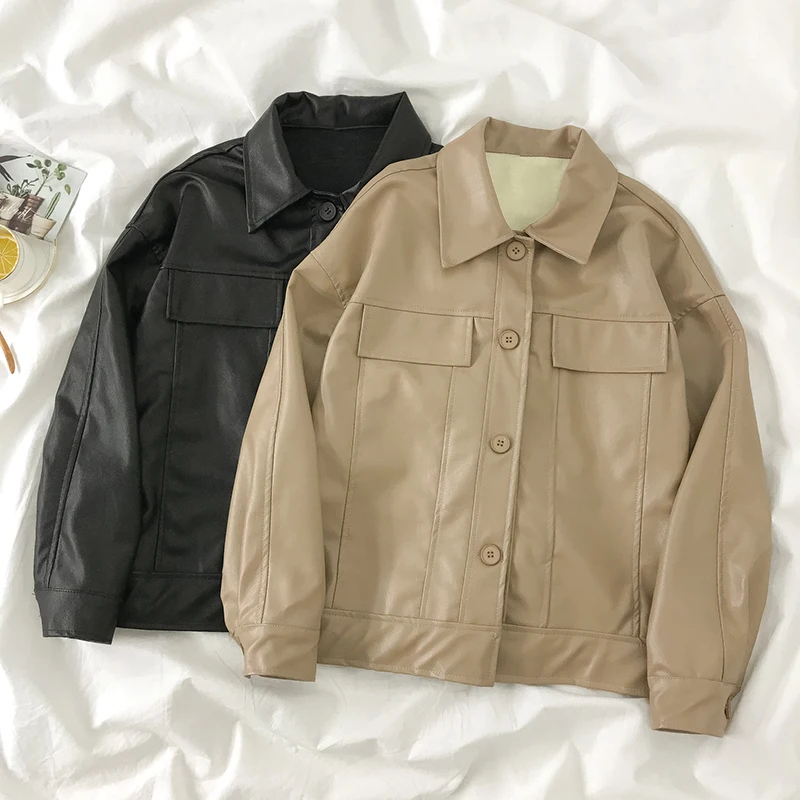 

Women Black Streetwear Faux Leather Jacket New 2021 Spring Autumn Turn Down Collar Loose Leather Coat Woman Vintage PU Outwear