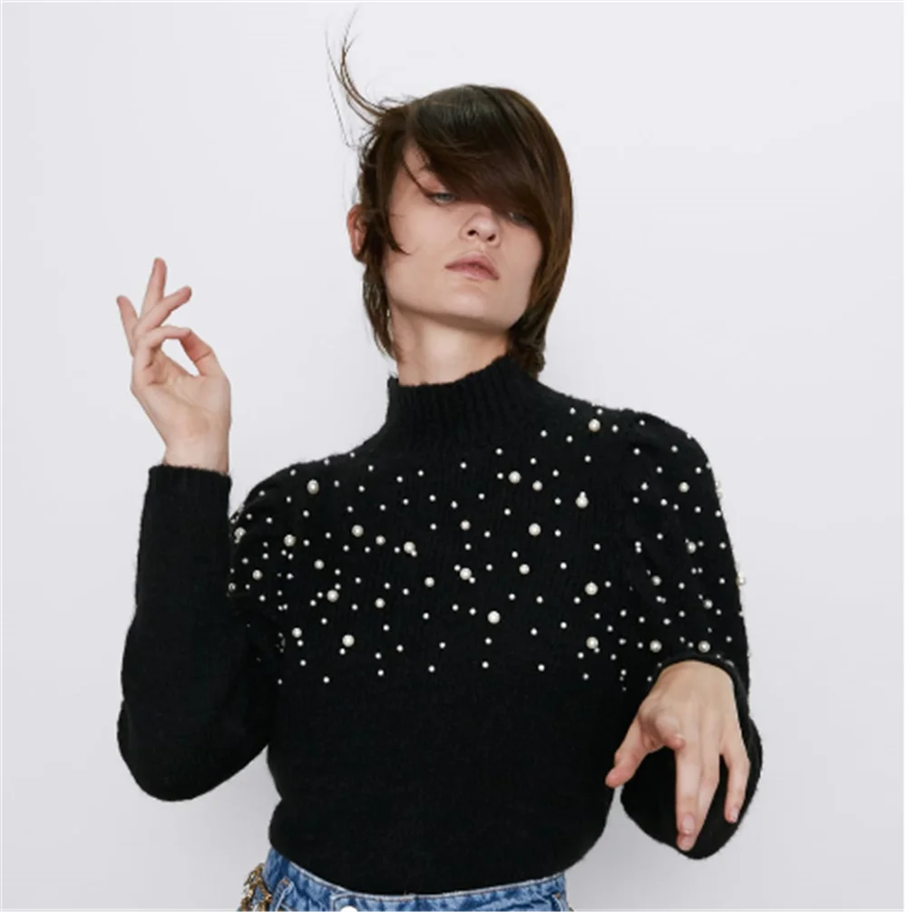 2019 ZA женский свитер модный новый зимний с имитацией жемчуга богемный длинным