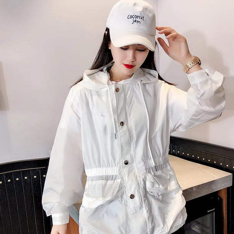 

2021 Summer New Sun-Protective Clothing Women's Korean Style Western Style Waist-Slimming Hooded Large Pocket Thin Trench Coat