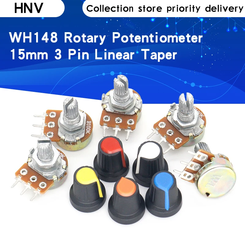 

5 шт./лот WH148 1K 10K 20K 50K 100K 500K Ом 15 мм 3-контактный линейный конический роторный потенциометр резистор forArduino с AG2