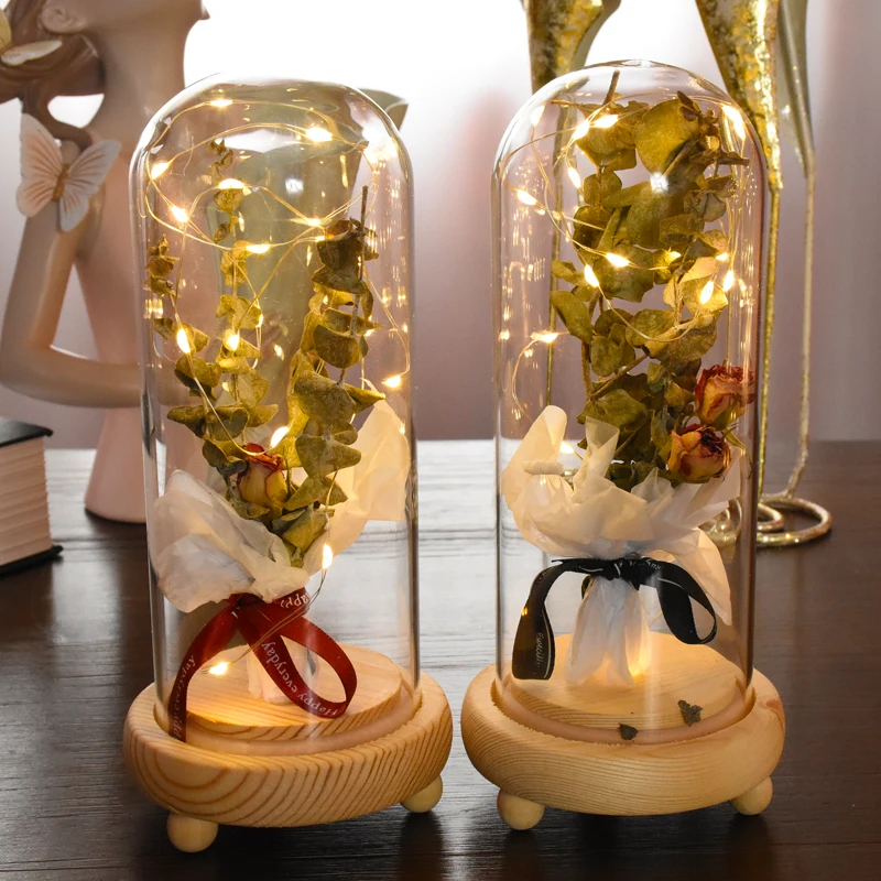 

2021 LED Rose Eternal Flower With Fairy String Lights In Dome For Mother's Day Christmas Valentine's Day Gift Home Decoration