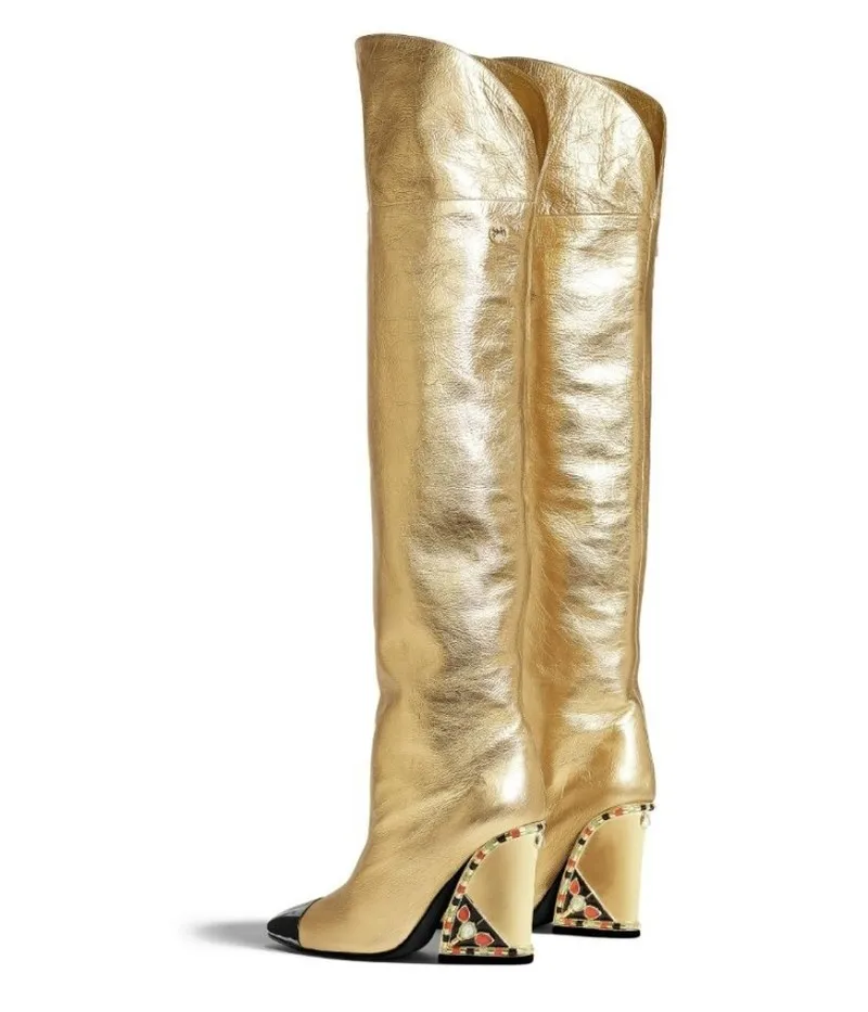 US4-11 женские ботфорты из натуральной кожи с острым носком и золотыми блестками